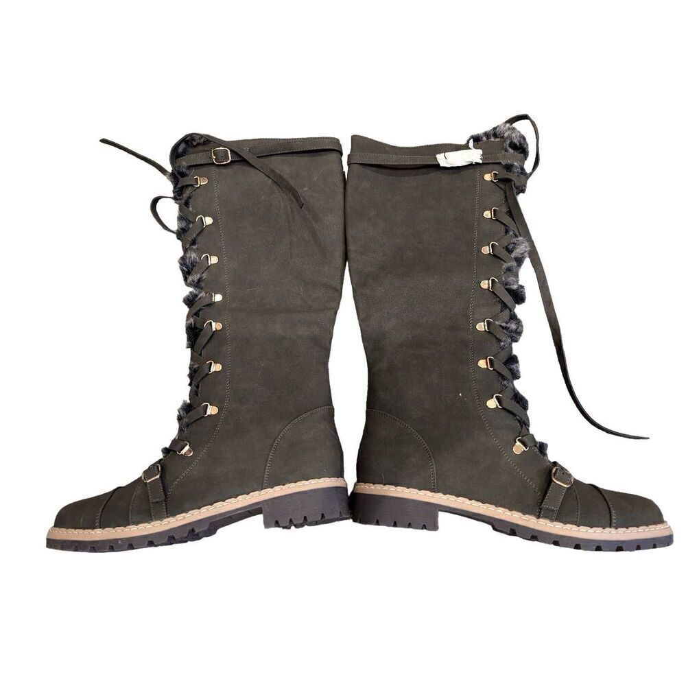 JustFab Women's Green Jylan Faux Fur Lace-Up High Shaft Boots Size 10